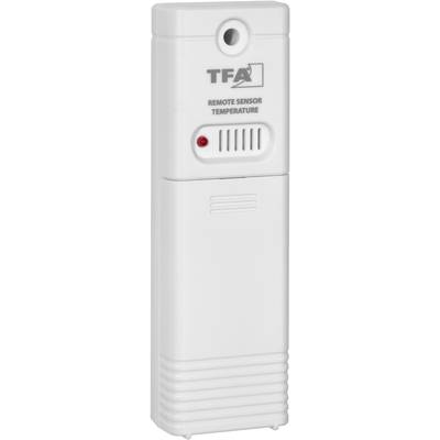 Vit extern temperatursensor med rött ljus, varumärkets logotyp överst.