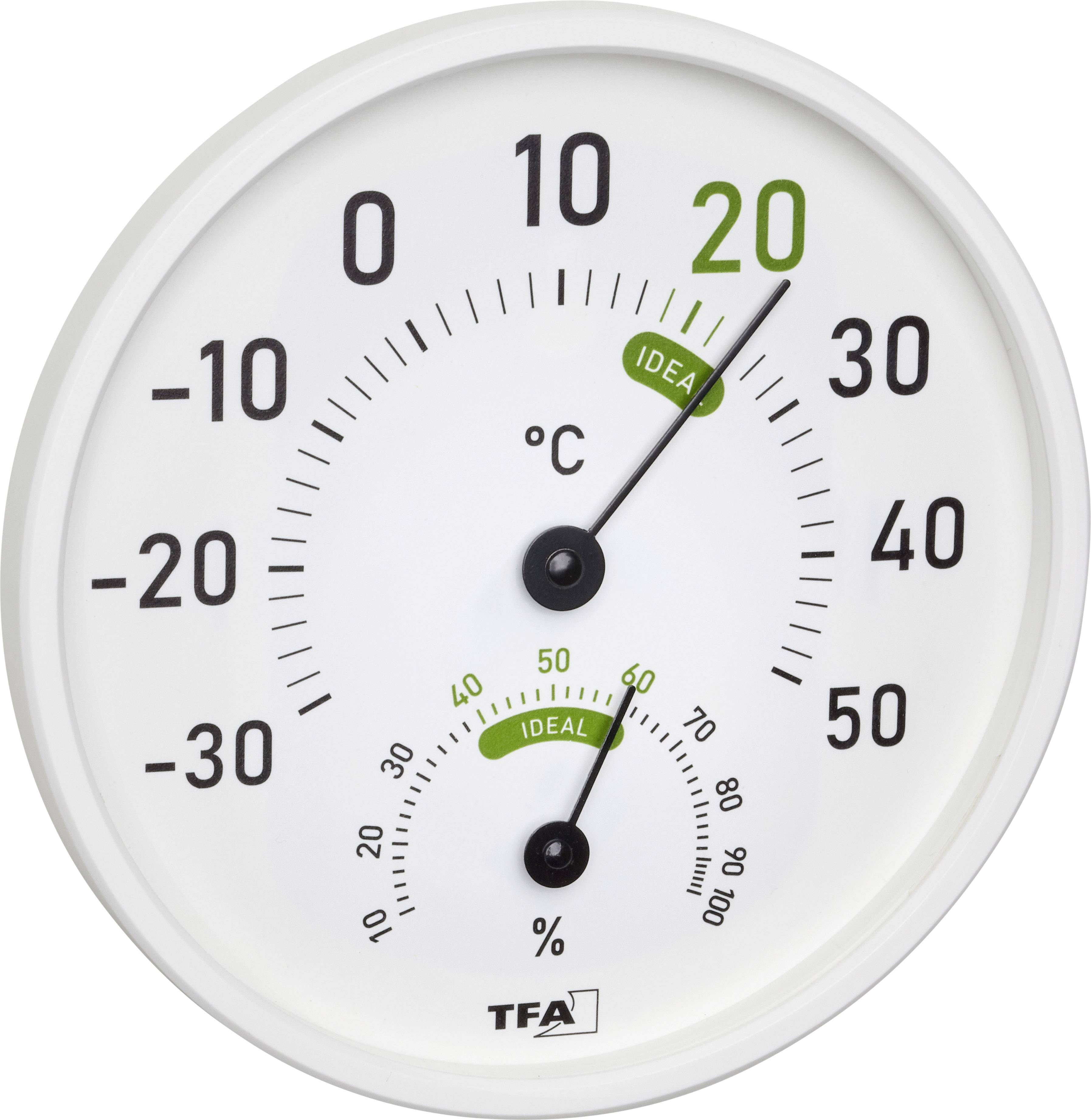 Rundad hygrometer-termometer med två skalor. Inre skalan visar luftfuktighet, yttre skalan temperatur. Temperaturen är ca 21°C, luftfuktigheten är 60%.
