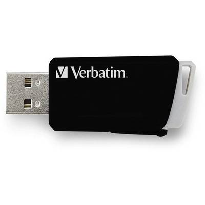 Ett svart USB-minne från märket Verbatim, delvis utdraget ur dess skyddshölje.