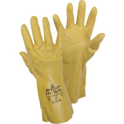 Två gula skyddshandskar av latex, storlek XL, med halkfri beläggning och tillverkarens tryckmärkning 'SHOWA 77N-10/XL'.