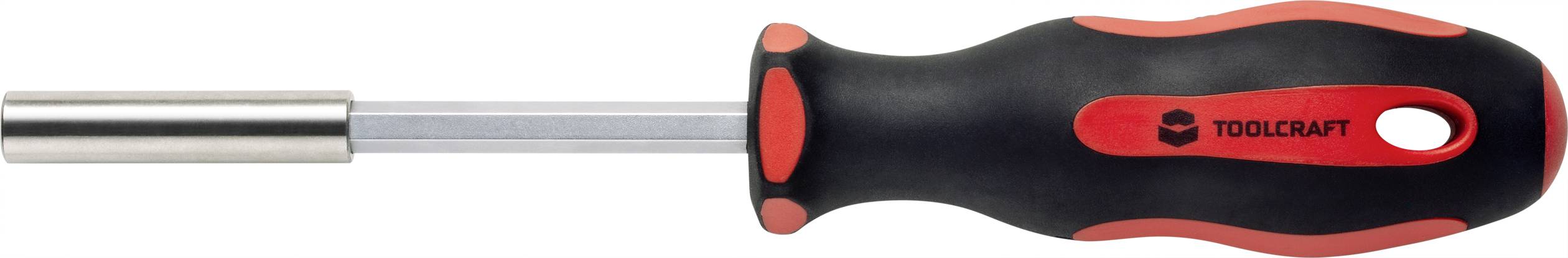 Svart och röd skruvmejselhandtag med silverfärgat skaft, märkt med 'Toolcraft'.