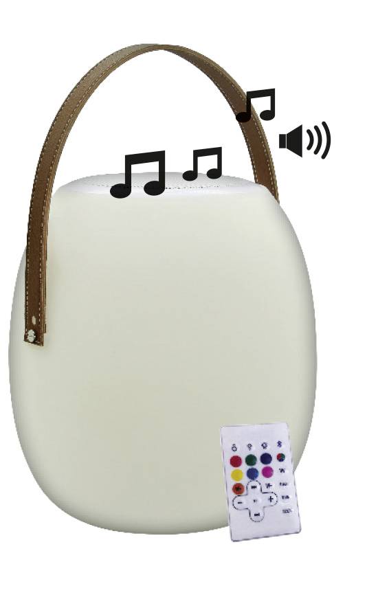 Bärbar LED-högtalare formad som en lykta med brunt handtag och fjärrkontroll. Musiknoter och volymsymbol visar ljuduppspelning.