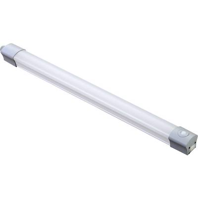 En vit LED-rör med grå ändar, lämplig för takmontage, belyser arbetsytor effektivt.