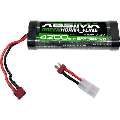 NIMH 7.2V batteri från Absima, Greenhorn-serien, 4200 mAh. Svart hölje med röda och svarta anslutningskablar.