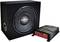 'Pioneer' subwoofer och förstärkarset. Subwoofern är i ett svart hölje, och förstärkaren har en röd och svart design.
