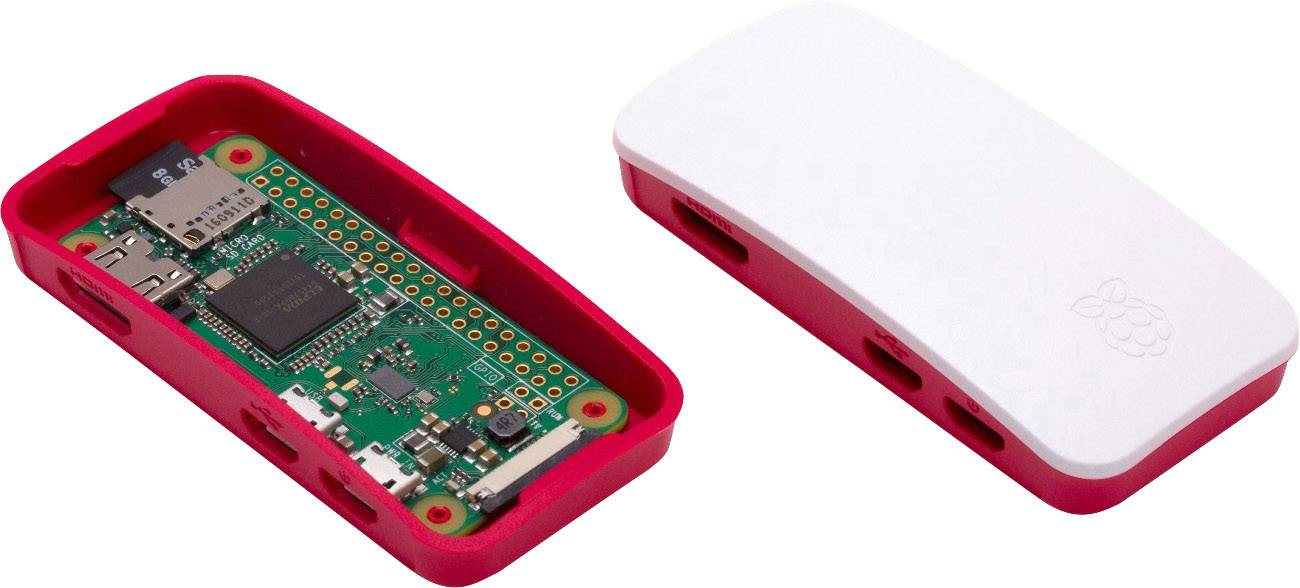 Liten datorchip i vitt och rött hölje öppnad; visar elektroniska komponenter som processor och minneskort.