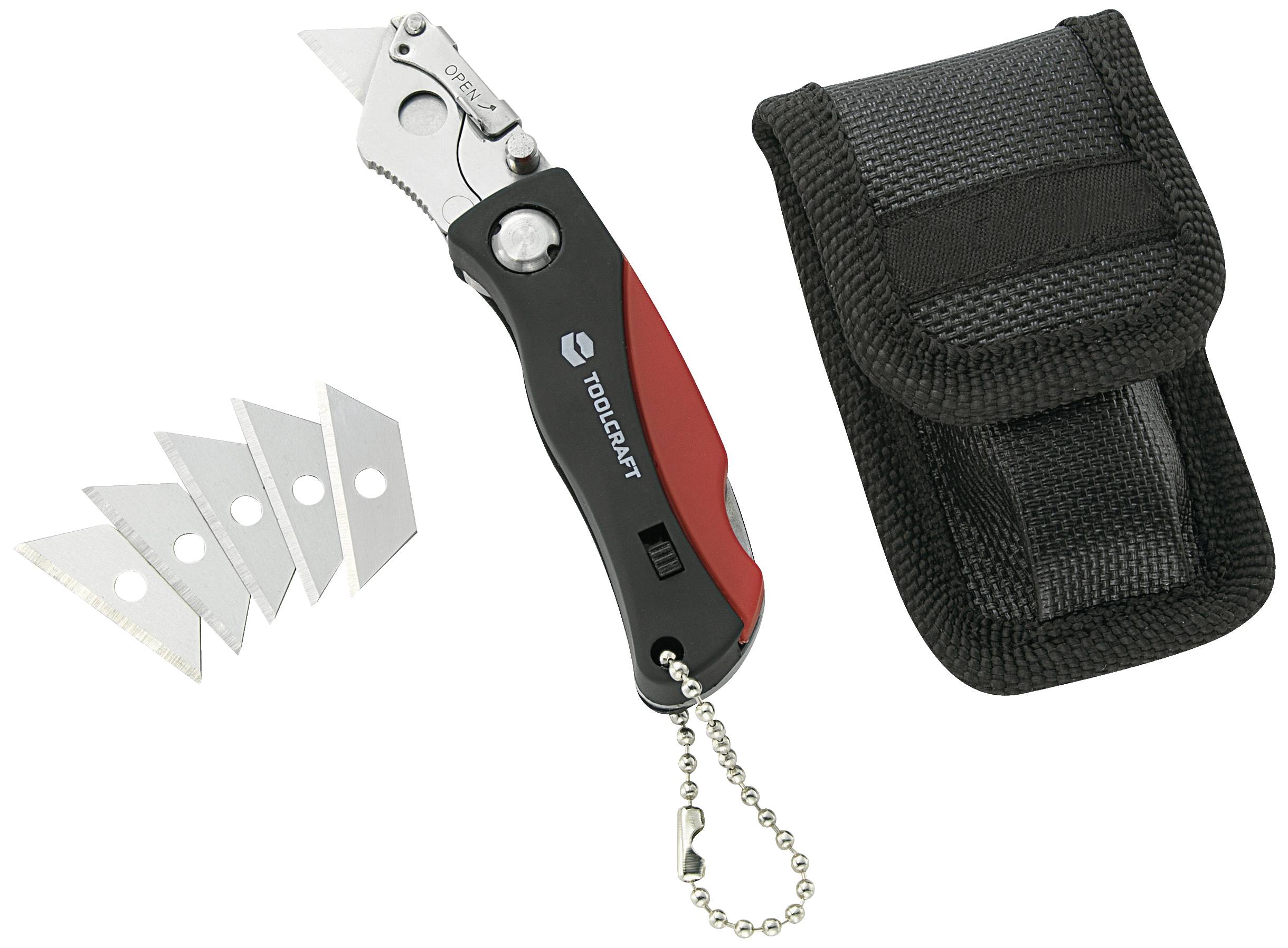 Fällkniv med rött handtag och vikbar mekanism, omgiven av fyra reservblad och ett svart fodral med dragkedja.