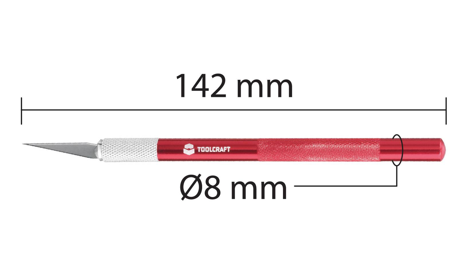 Rött TOOLCRAFT precisionskniv med blad, längd 142 mm, diameter 8 mm.
