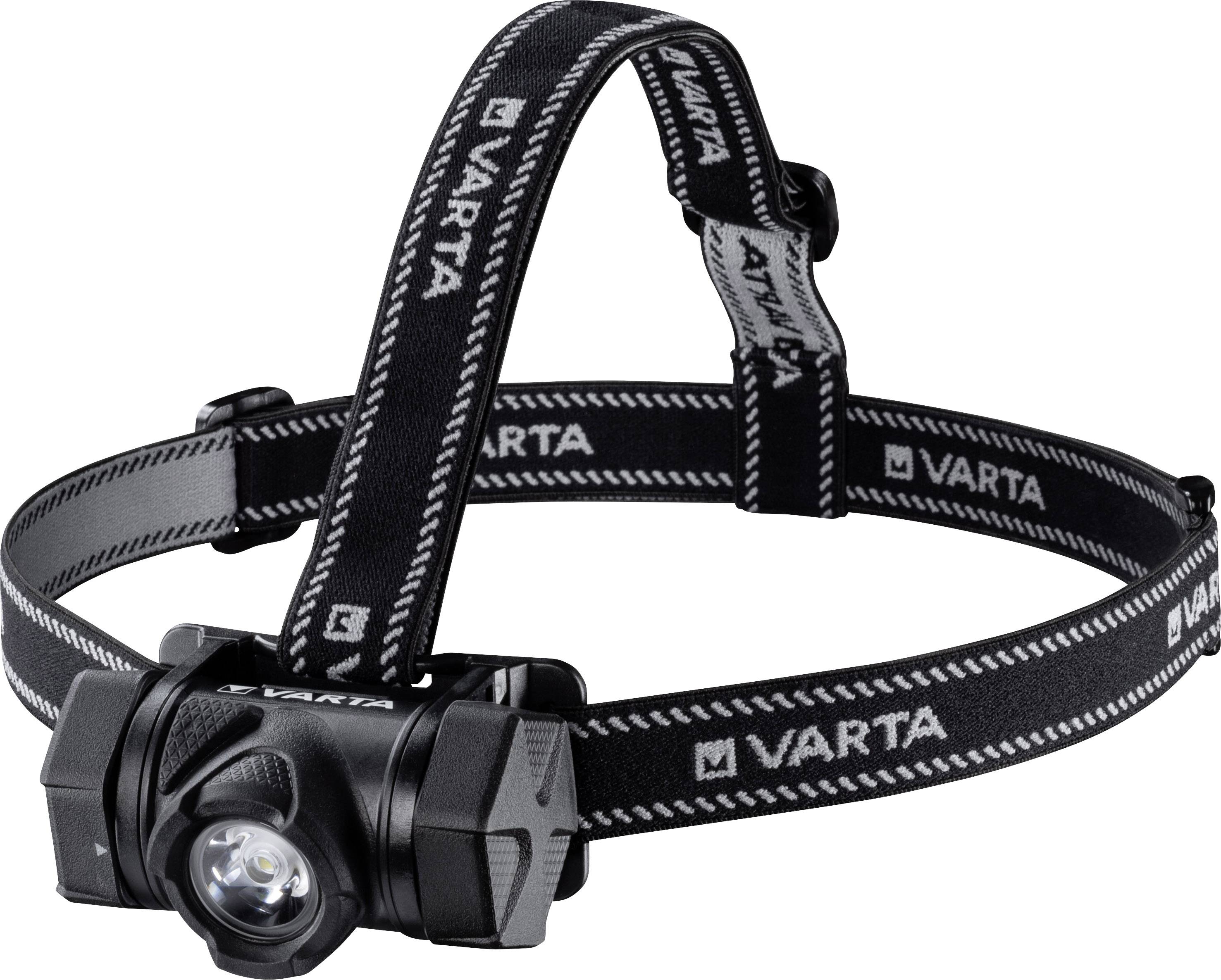Svart pannlampa från Varta med justerbart band och centrerad LED-belysning.