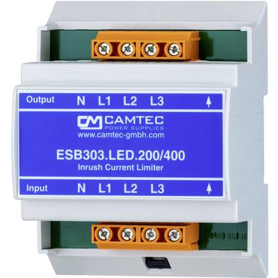 En strömgräns från Camtec, modell ESB303.LED.200/400, med anslutningar och etikett som visar ingångs- och utgångsförbindelser.