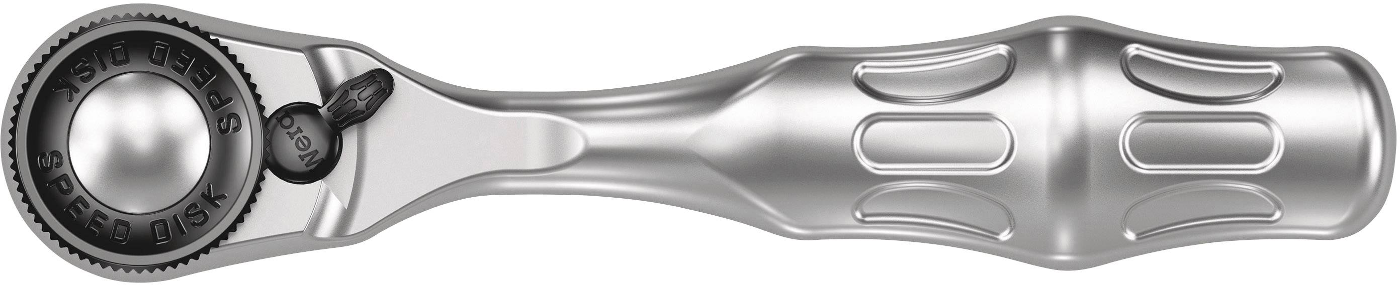 Skiftnyckel med silvergrå, ergonomiskt handtag och vridbar switch. Lämpad för åtdragning och lossning av skruvar och muttrar.