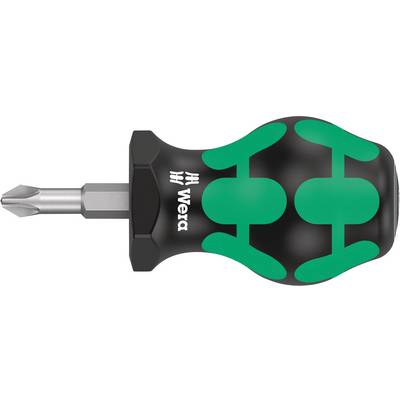 Skruvmejsel med ergonomiskt, svart-grönt handtag och krysspårsspets. Varumärket 'Wera' är synligt på handtaget.