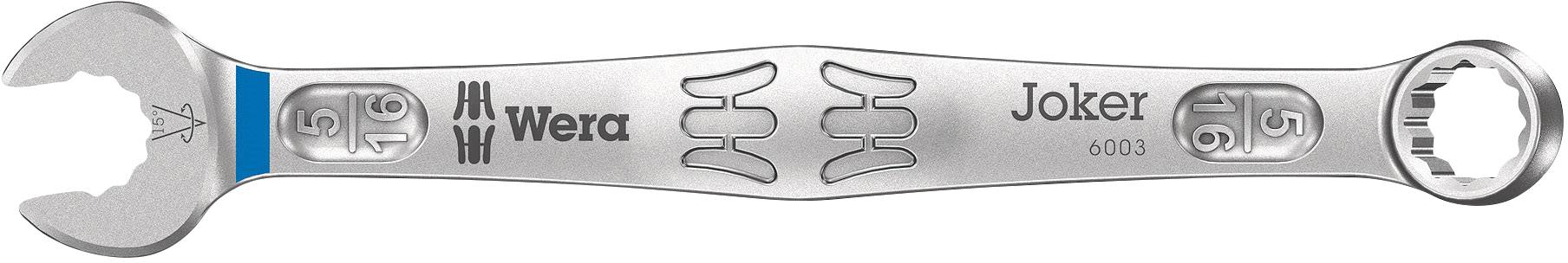 Weras nyckel, modell Joker 6003. Vänster sida med öppet käft, höger sida med ring. Silverfärgad med blå och svarta detaljer.