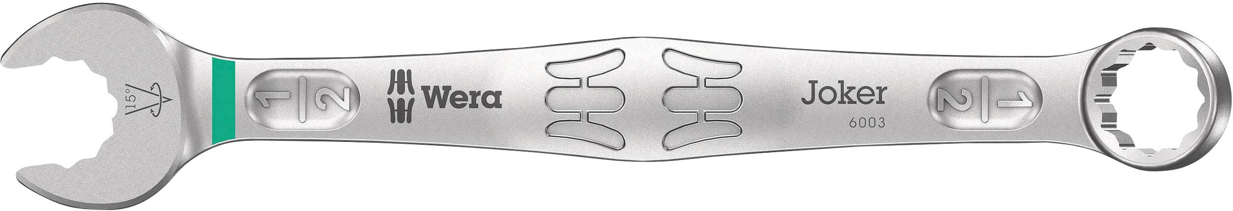 Skiftnyckel med öppen och ringnyckelände. Varumärke 'Wera Joker 6003'. Silverfärgad med grön accent.