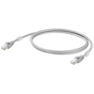 Ett grått Ethernet-kabel med två RJ45-kontakter, vridet i oval form, framför vit bakgrund.