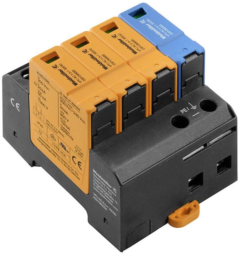 Överspänningsskyddsanordning med fyra moduler i svart, orange och blå färg, avsedd för att skydda elektriska system mot överspänningar.