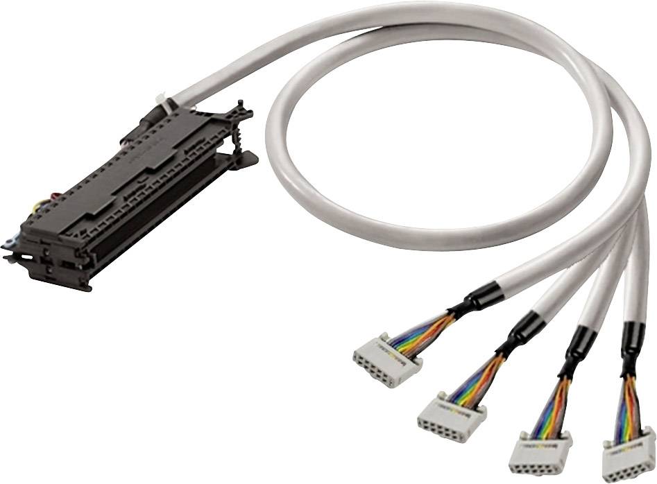 Ett grått kabelpaket med fyra kontaktändar är anslutet till en svart, rektangulär adapter.