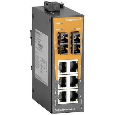 En svart Weidmüller Fast Ethernet-switch med orange front visar LED-indikatorer för PWR, 100M, TX, RX och Ethernet-portar.