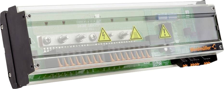 En elektrisk överspänningsskydd med transparant hölje, som visar interna kretsar och varningssymboler. Till vänster finns en fäste.
