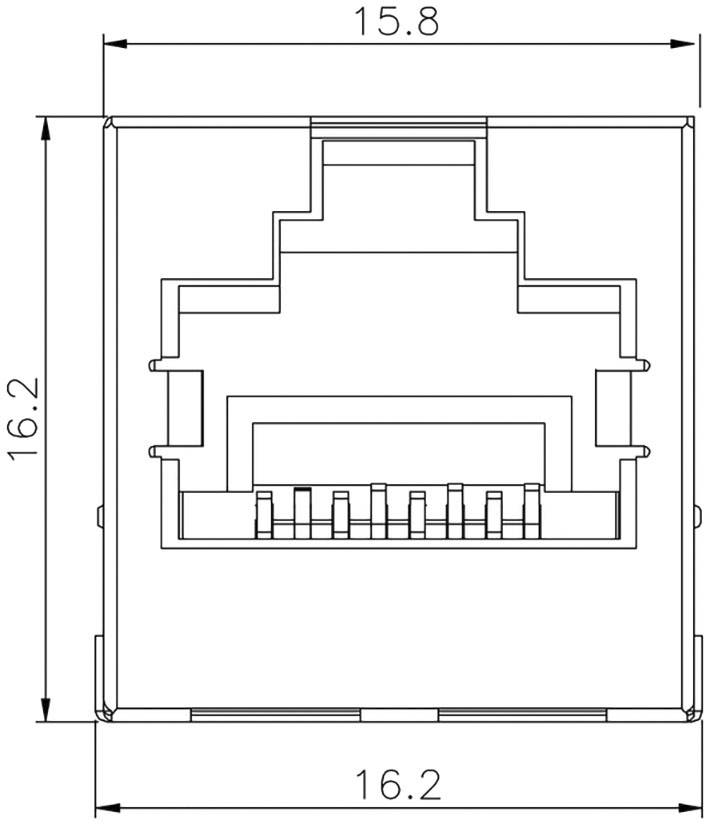 Teknisk ritning av en RJ45-kontaktmodul med dimensioner: bredd 16,2 mm, höjd 16,2 mm, djup 15,8 mm.
