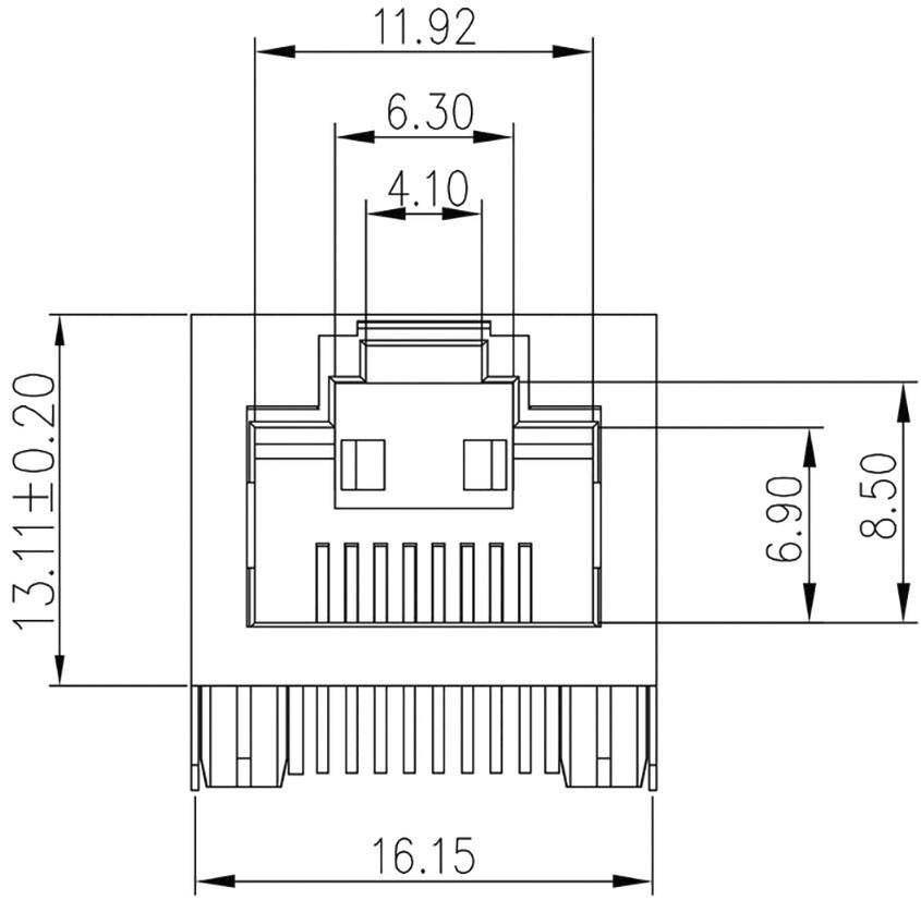 Teknisk ritning av en RJ45-kontaktanslutning med måttangivelser: bredd 16,15 mm, höjd 13,11 mm, djup 11,92 mm.