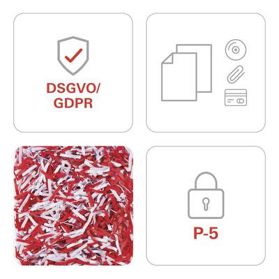 'DSGVO/GDPR'-symbol överst till vänster, pappersbuntssymbol överst till höger, nedre vänster sönderrivet papper i rött och vitt, nedre höger låssymbol med 'P-5'.