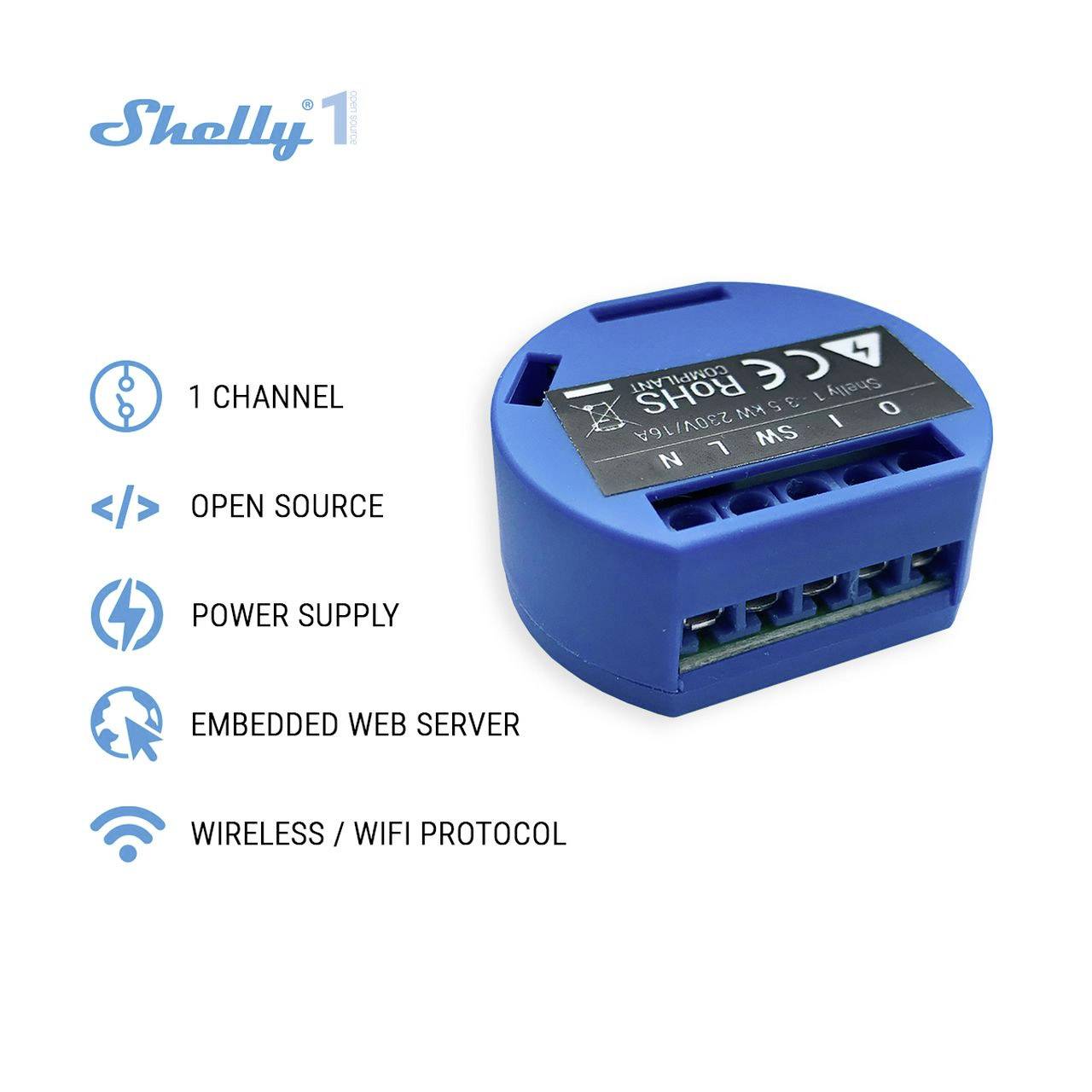 En blå enhet från Shelly med beskrivningar: '1 kanal', 'Open Source', 'Strömförsörjning', 'Inbyggd webbserver', 'Trådlös/WiFi-protokoll'.