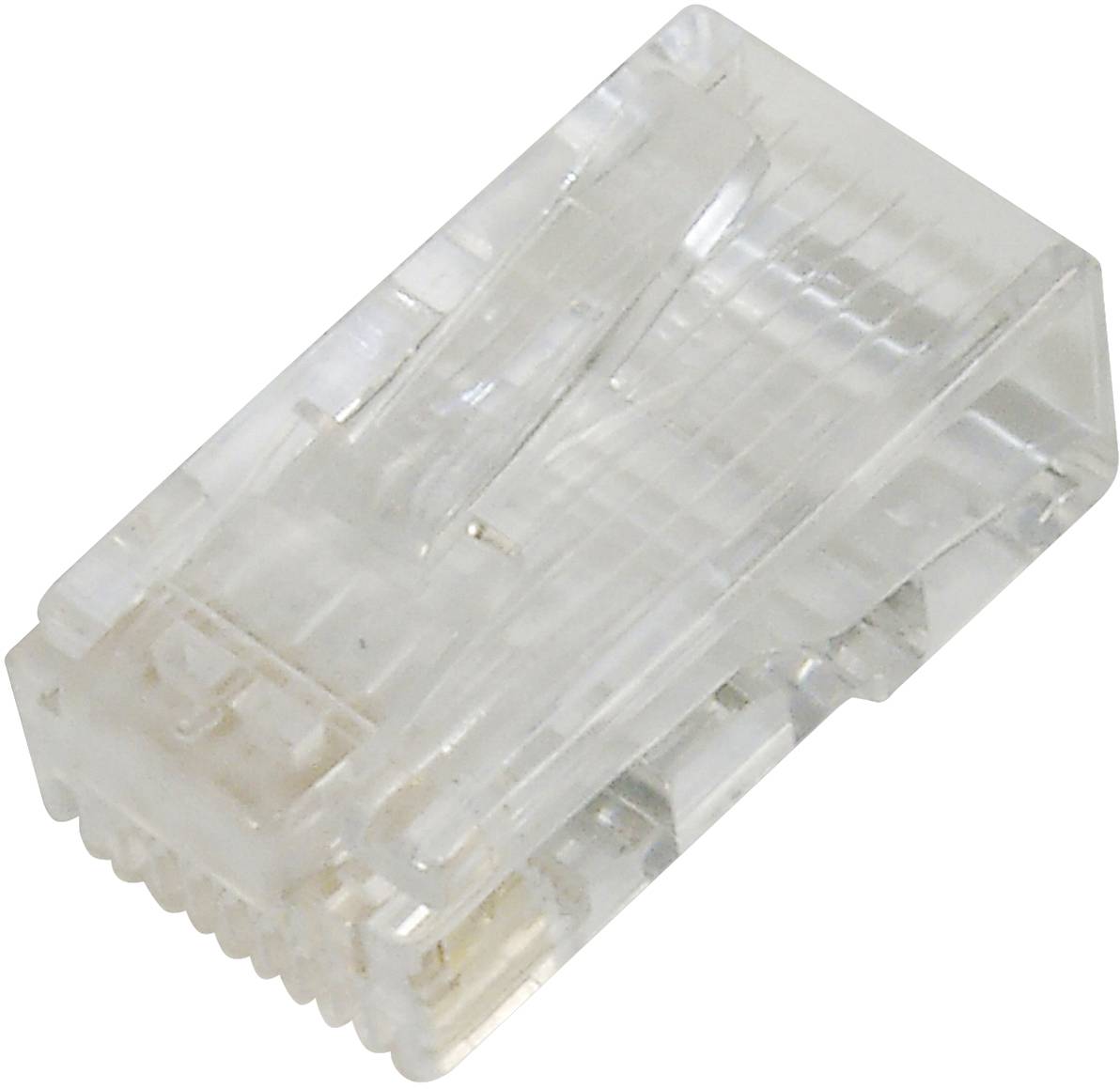En transparent RJ45-kontakt för nätverkskabel, sedd från sidan, visar öppningen för kabeltrådarna och plastklämman.