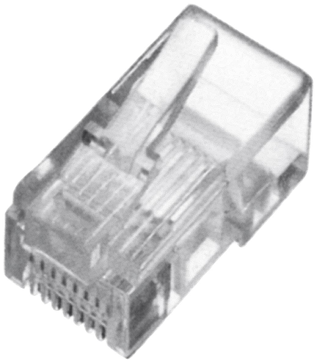 Ett transparent, rektangulärt Ethernet-kontakthölje med åtta metalliska kontakter för nätverksanslutningar.