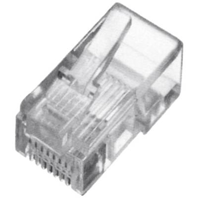 Ett transparent, rektangulärt Ethernet-kontakthölje med åtta metalliska kontakter för nätverksanslutningar.
