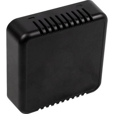 En liten, rektangulär, svart plastapparat med ventilationshål överst och underst, sannolikt en sensor eller ett modem.
