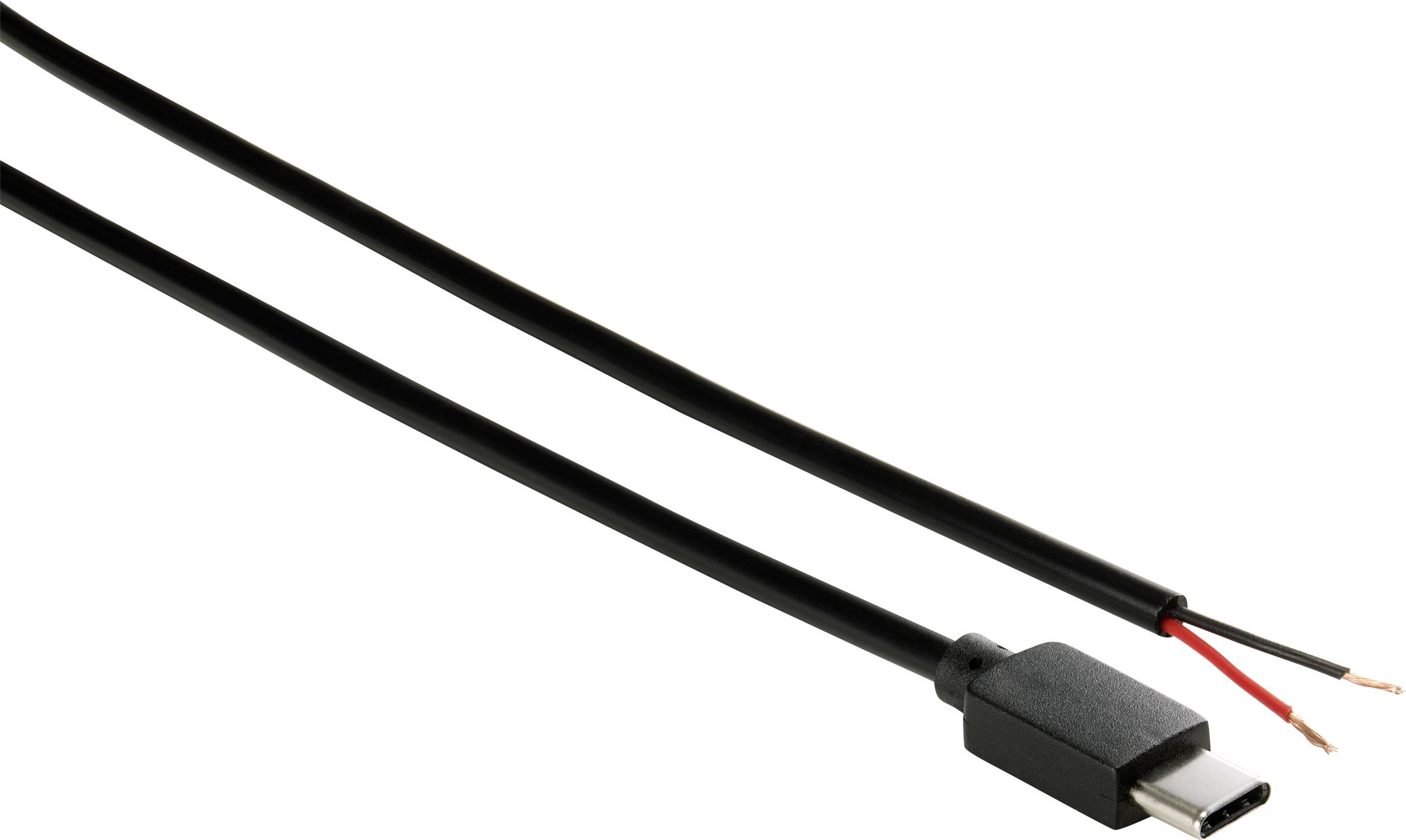 Svart USB-C-kabel med avisolerade ändar, visar kontakten och trådändarna utan hölje; lämplig för elektronikprojekt.