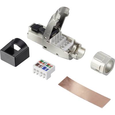 En modulär RJ45-kontakt med öppet metalllock. Enskilda komponenter som plast- och metalldelar är synliga.