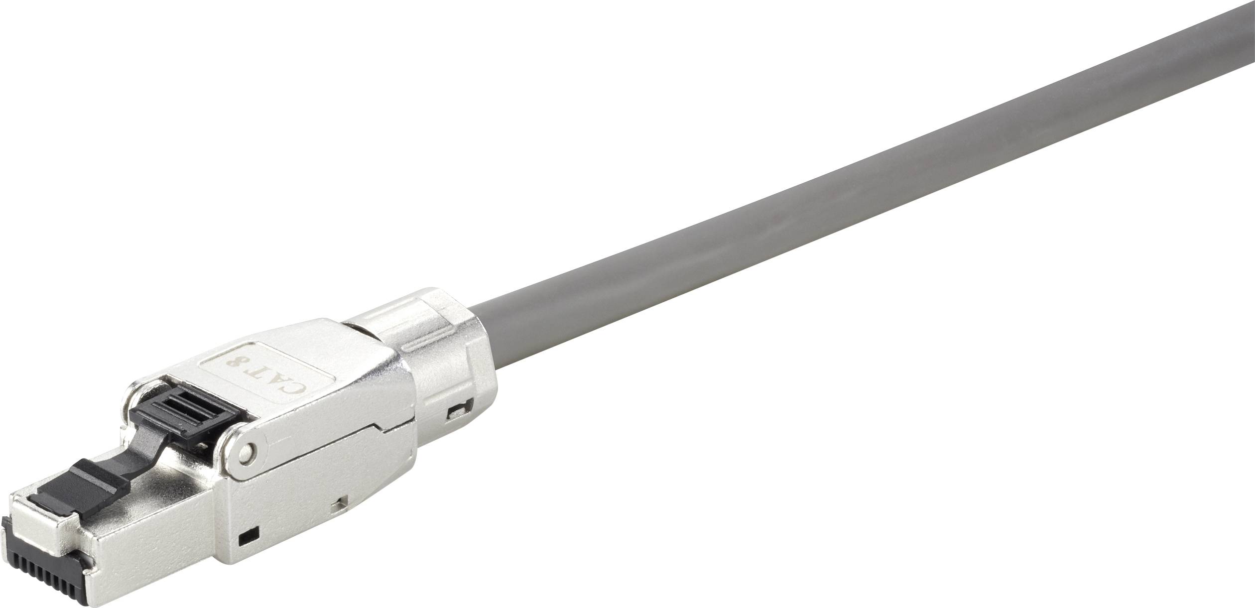 Ett silverfärgat Ethernet-kabel med RJ45-kontakt. Lämpligt för nätverk och dataöverföring.