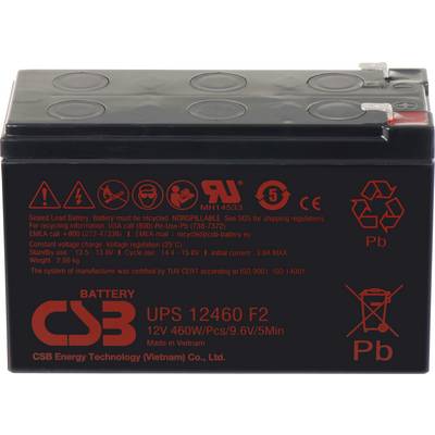 Ett rektangulärt förseglat blybatteri märkt 'CSB Battery UPS 12460 F2'. Det är icke-spillbart, märkt för 12V och 460W/cell vid 9,6V/5 minuter.