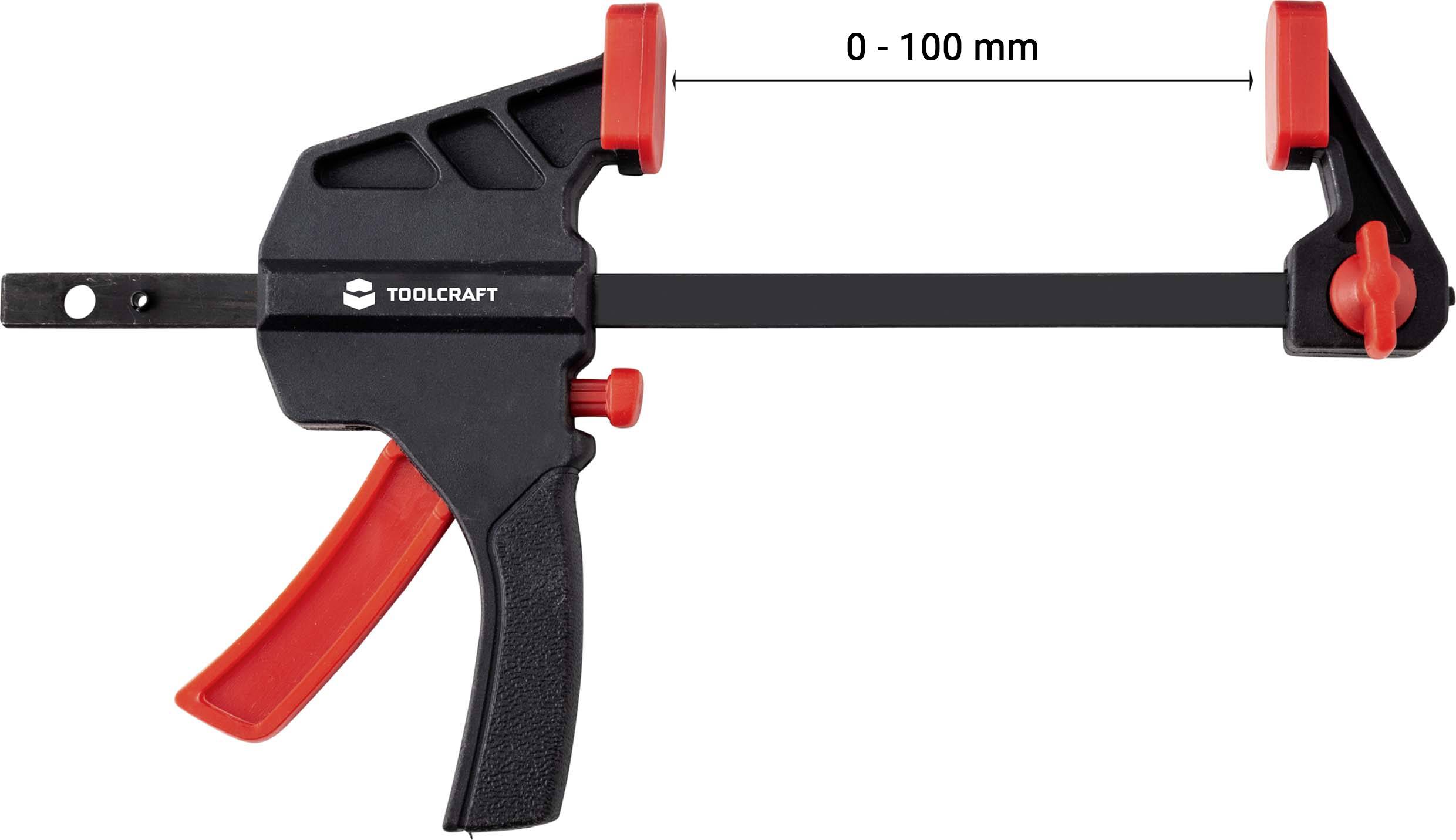 En svart och röd enhandstvinge med ett spännvidd från 0 till 100 mm, perfekt för fasthållning av arbetsstycken i verkstaden.