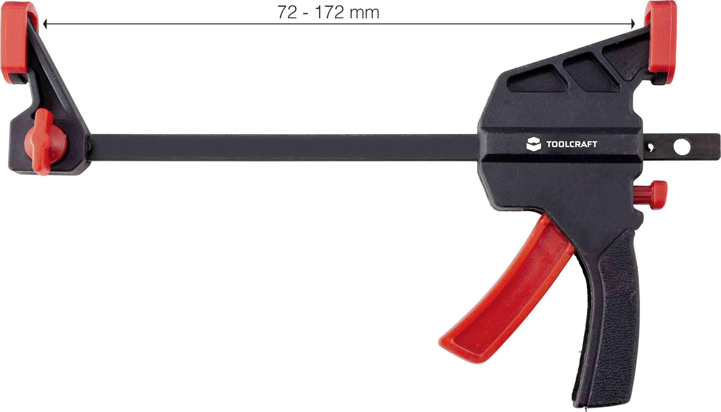 En svart skruvtving med röd handtag från märket Toolcraft. En skala visar ett inställningsområde från 72 till 172 mm.