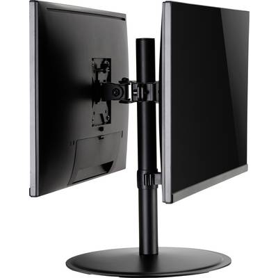 Två datorskärmar placerade bredvid varandra på ett dubbelt bordsstativ. Skärmarna syns från sidan och uppvisar ett smalt, elegant design.