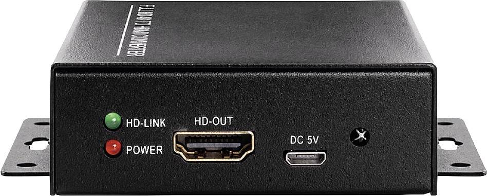 Svart elektronisk låda med HDMI-utgång, HD-Link- och strömindikatorlampor. DC 5V-anslutning på framsidan.
