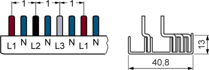 Diagram över en elektrisk kontaktlist med 6 anslutningar, märkt med 'L1, L2, N, L3, N, L1, N'. Sidovy visar dimensioner 40,8 x 13 mm.