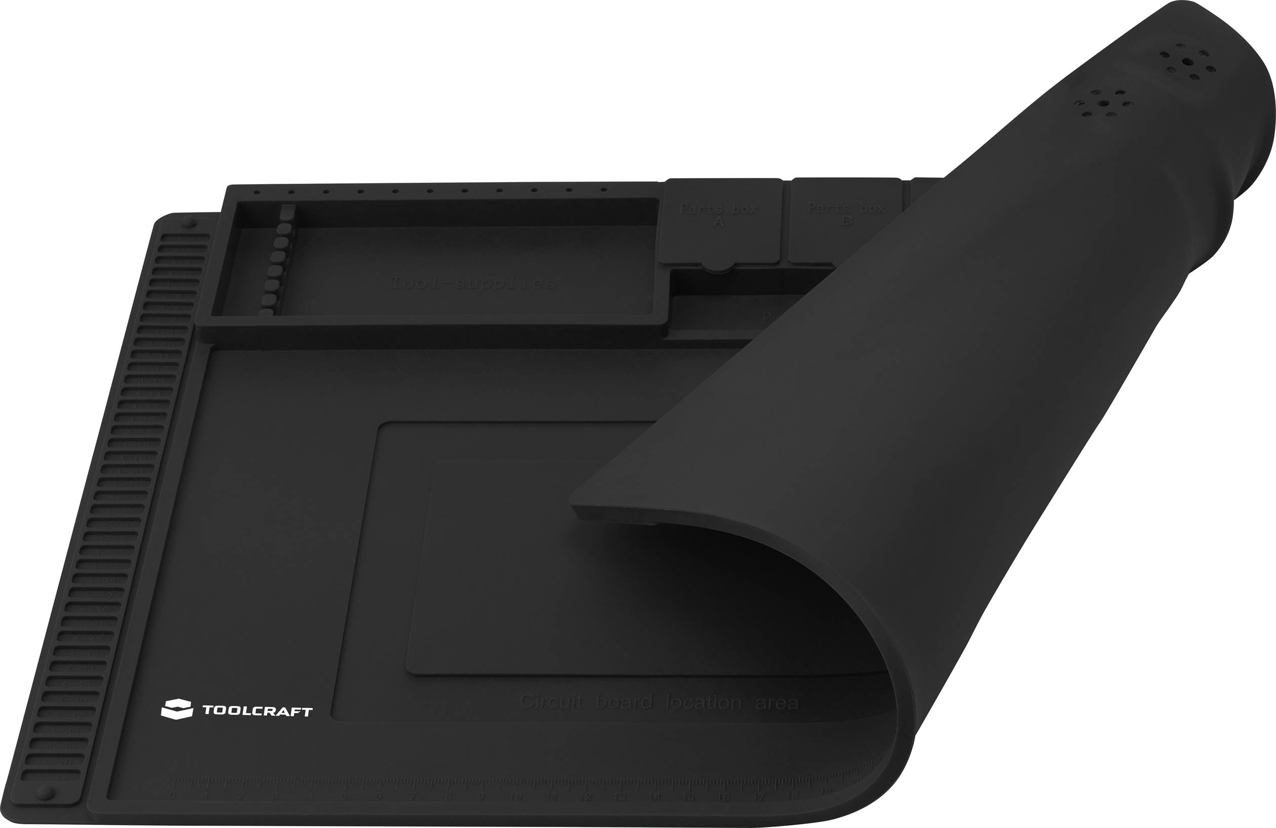 En svart, flexibel silikonmatta med fickor och magnetremsor för organisering av verktyg. Med 'TOOLCRAFT'-logotyp i hörnet.