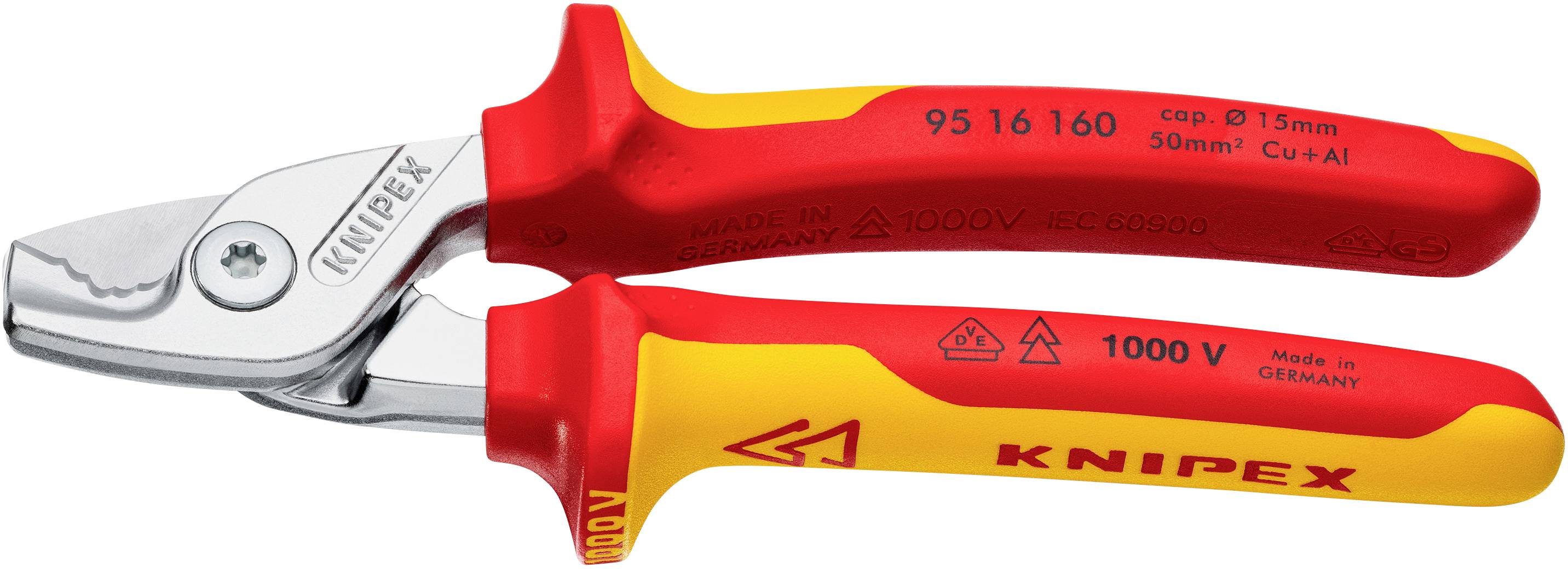 En röd och gul Knipex kabelsax med isolerade handtag, avsedd för arbeten upp till 1000 V. Lämplig för kapning av koppar- och aluminiumkablar.