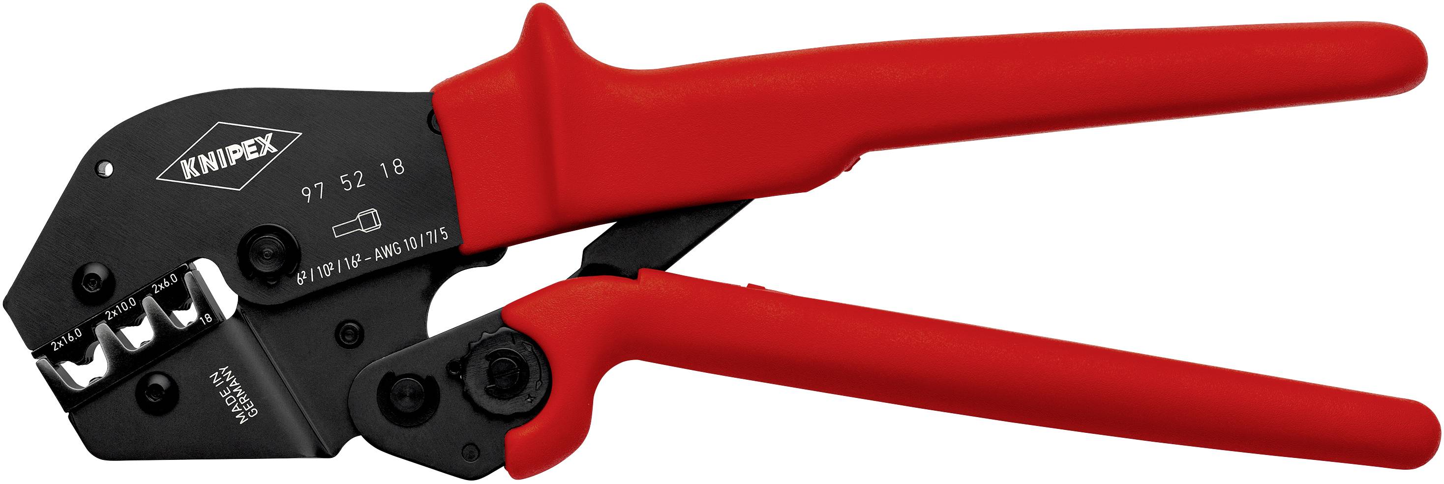 Röd kabelskotång från Knipex, modell 97 52 18, för att pressa kabelsko och kontakter.