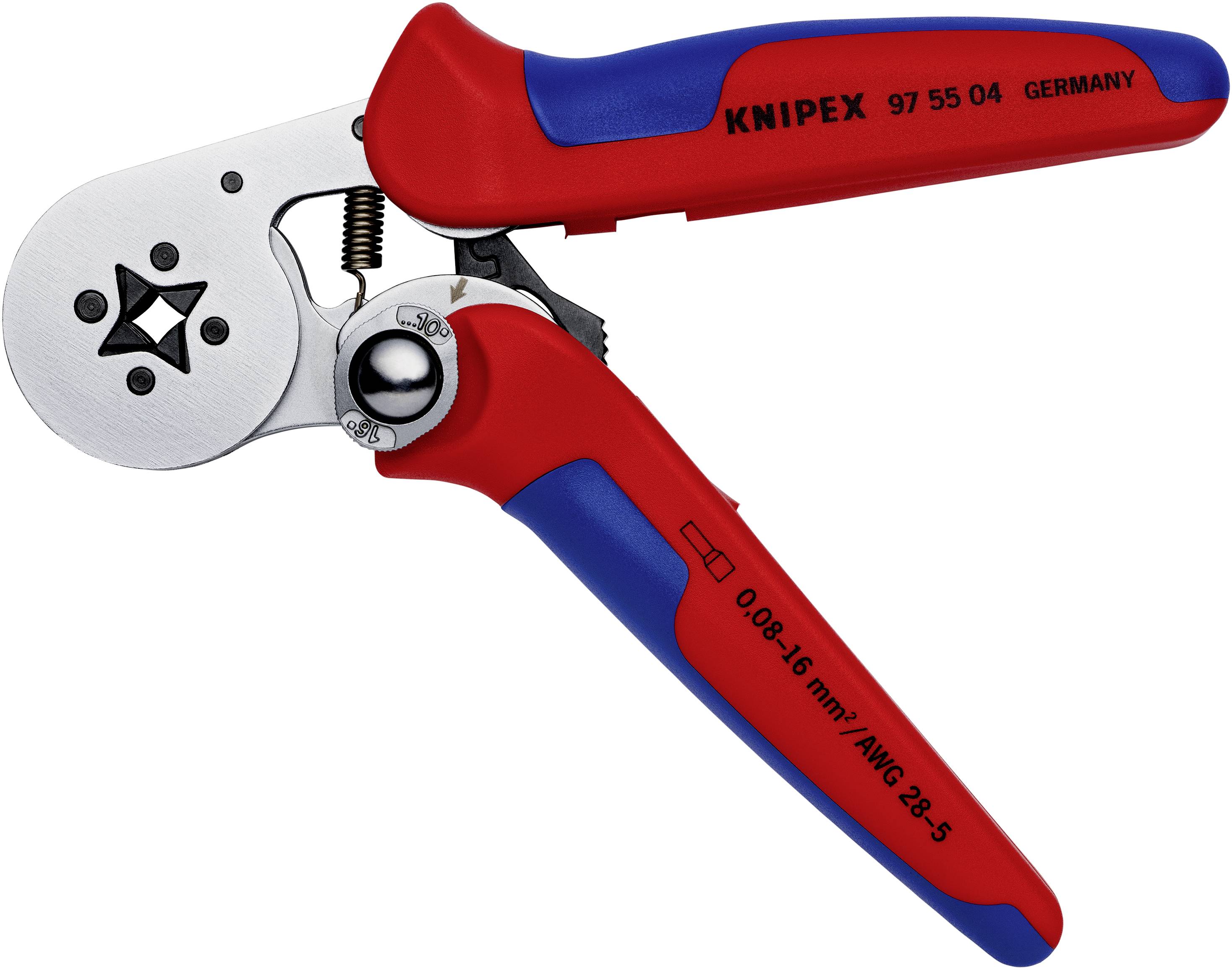 En röd och blå crimptång från märket Knipex, modellnummer 97 55 04, för kabeltvärsnitt från 0,08-16 mm², tillverkad i Tyskland.