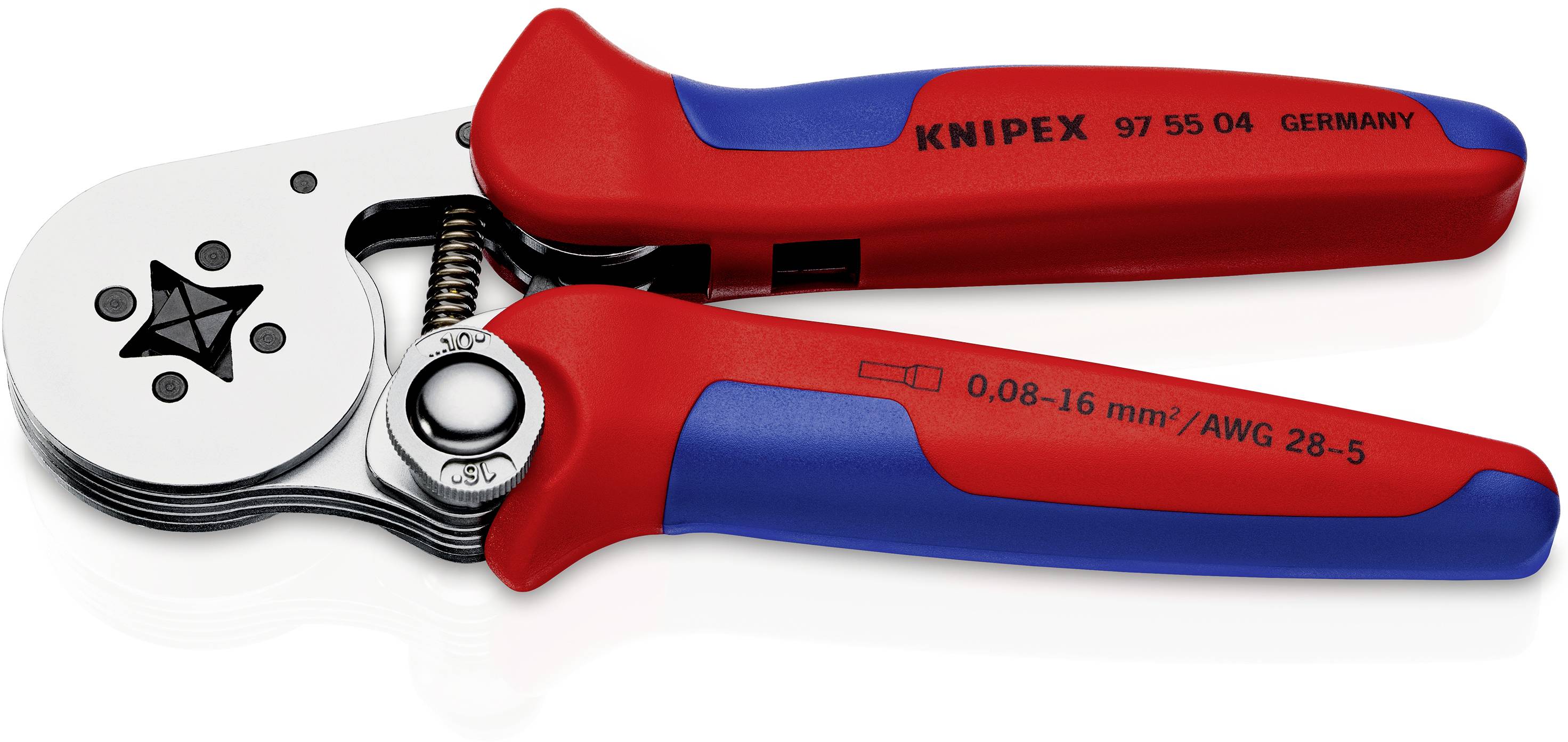 Skiftnyckel med röd och blå handtag, lämplig för kabelsnitt från 0,08-16 mm² / AWG 28-5, från Knipex, tillverkad i Tyskland.