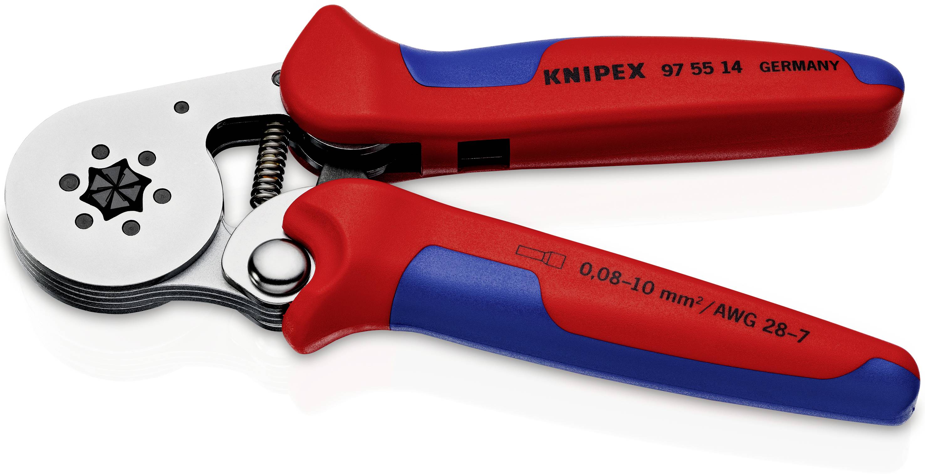 Röd och blå kabelavbitare från Knipex, modell 97 55 14, lämplig för kabeltvärssnitt från 0,08 till 10 mm²/AWG 28-7.