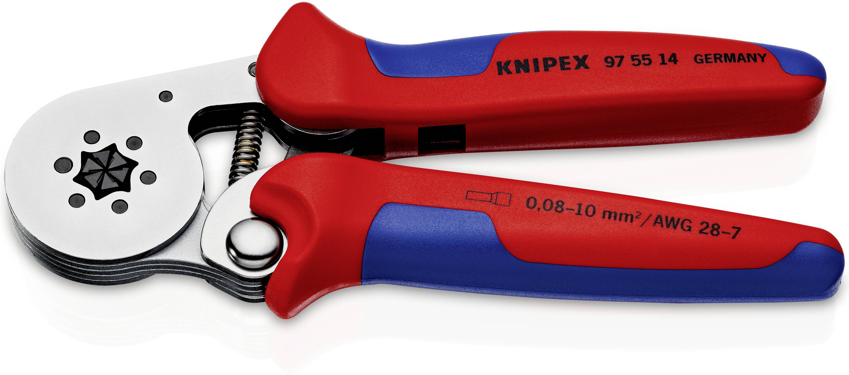 Avbildad är en röd och blå crimptång från märket Knipex, anpassad för kabelarea från 0,08-10 mm²/AWG 28-7.