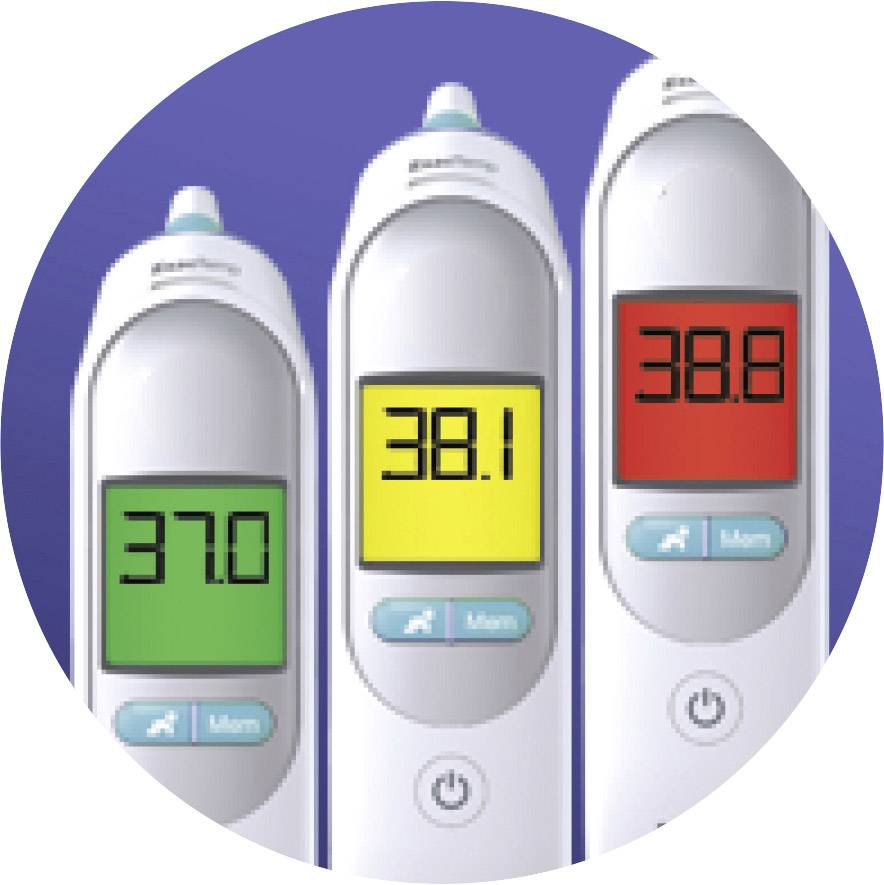 Tre digitala termometrar visar olika temperaturer: Grön med 37,0°C, Gul med 38,1°C och Röd med 38,8°C.