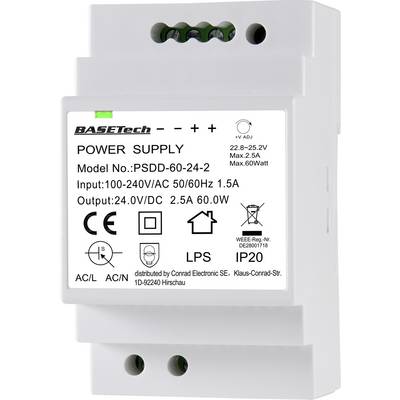 Nätadapter med modellnummer PSDD-60-24-2. Ingång: 100-240V, 1,5A. Utgång: 24V, 2,5A, 60W. Lämplig för DIN-skenamontering.