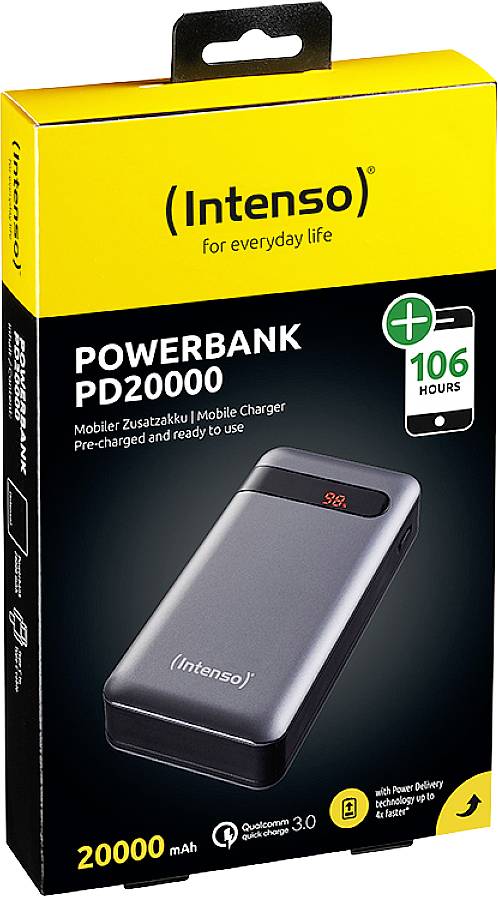 'Intenso Powerbank PD20000' förpackningen visar en mobil laddare. Håller upp till 106 timmar, kapacitet på 20000 mAh, snabbladningsfunktion.